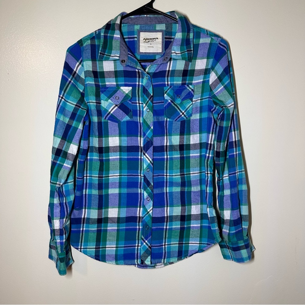 Arizona Jean Company Blue and Green Plaid Button Down Shirt